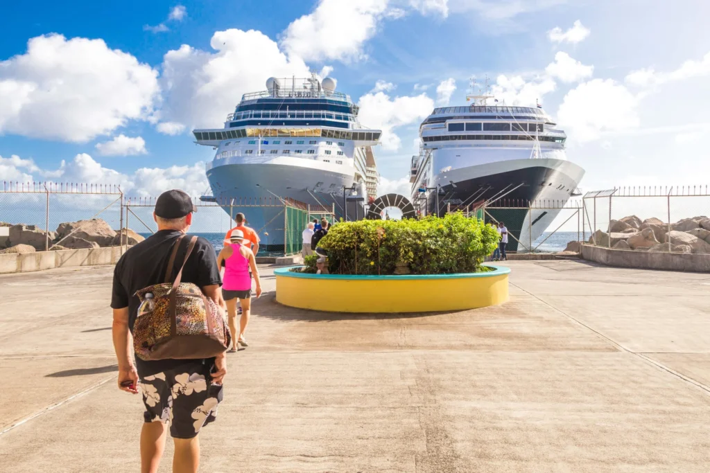 Family walking toward ship after cruise ship transfers